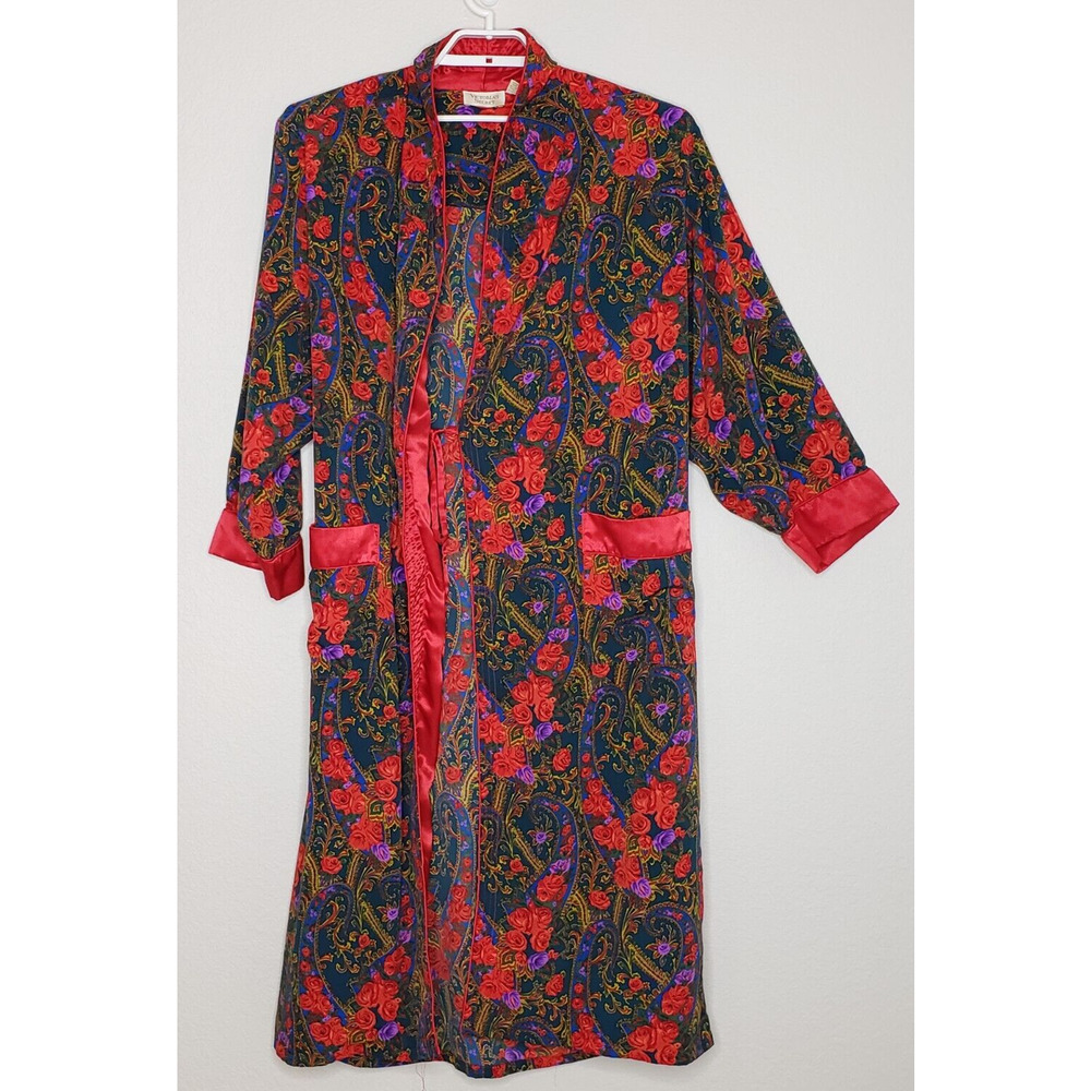 Vintage Victoria’s Secret Robe Medium L/S Red Purple Rose Full Length Gold Label